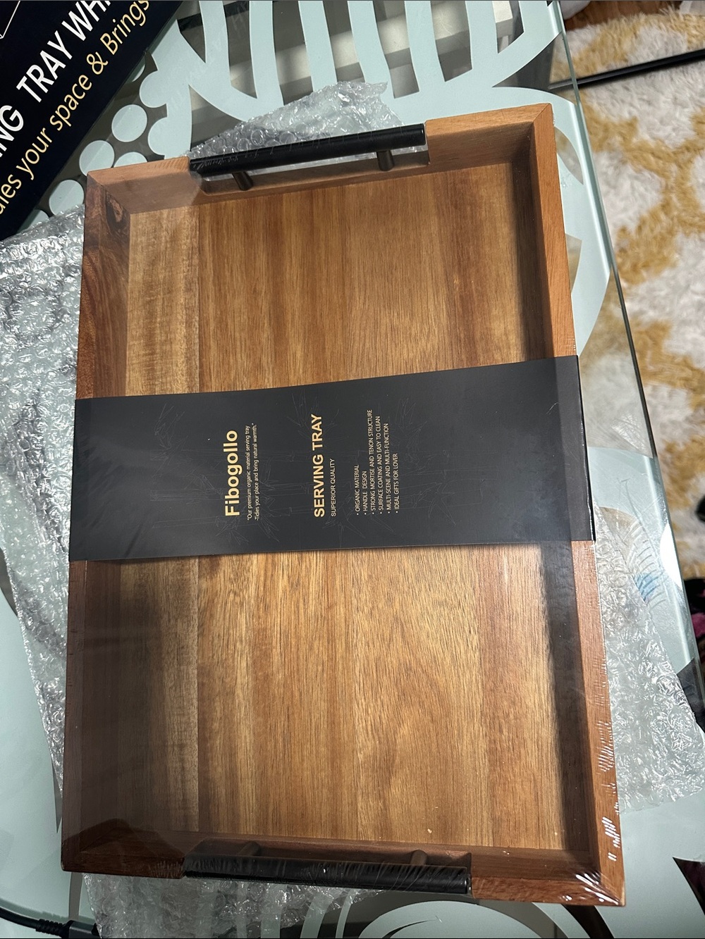 Fiboggio Wooden Serving Tray with Black Handles - Natural Wood